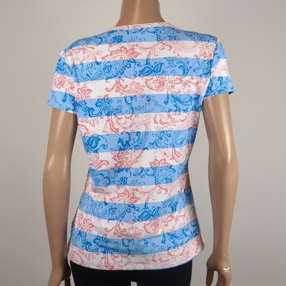 J. McLaughlin Tshirt Paisley Striped Short Sleeve Coral Summer Resortwear Top - Picture 4 of 9